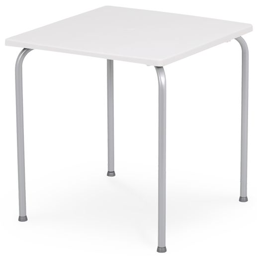 Mesa em plástico com pernas em alumínio, para uso exterior e interior, proteção contra raios UV, tacos antiderrapantes, reciclável, empilhável. Fabricado em Portugal, Plásticos Joluce.