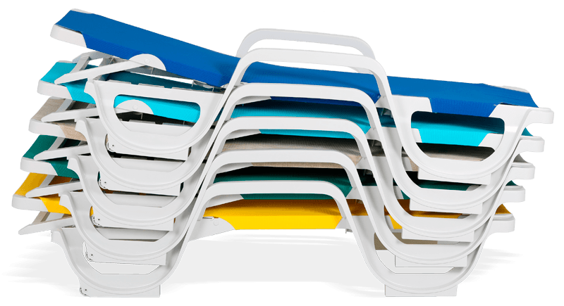 Espreguiçadeira em plástico com tela têxtil, com rodas, reciclável, empilhável. Fabricado em Portugal, Plásticos Joluce.