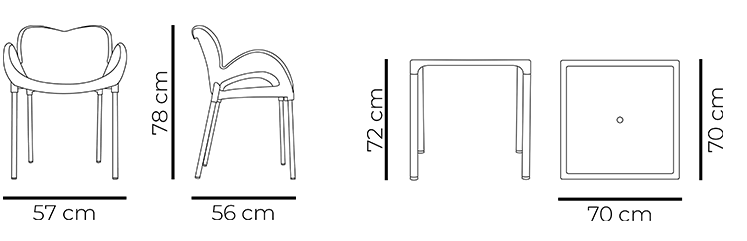 Conjunto mesa e quatro cadeiras em plástico com pernas em alumínio, para uso exterior e interior, proteção contra raios UV, tacos antiderrapantes, reciclável, empilhável. Fabricado em Portugal, Plásticos Joluce.