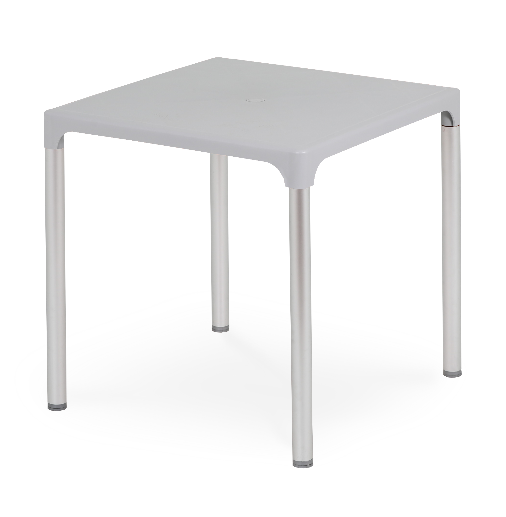 Mesa em plástico com pernas em alumínio, para uso exterior e interior, proteção contra raios UV, tacos antiderrapantes, reciclável, empilhável. Fabricado em Portugal, Plásticos Joluce.