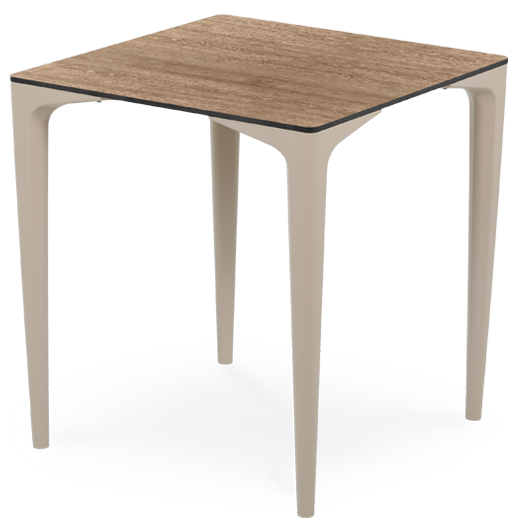 Mesa em plástico com fibra de vidro, tampo em madeira compacto, para uso exterior e interior, proteção contra raios UV, tacos antiderrapantes, reciclável, empilhável. Fabricado em Portugal, Plásticos Joluce.