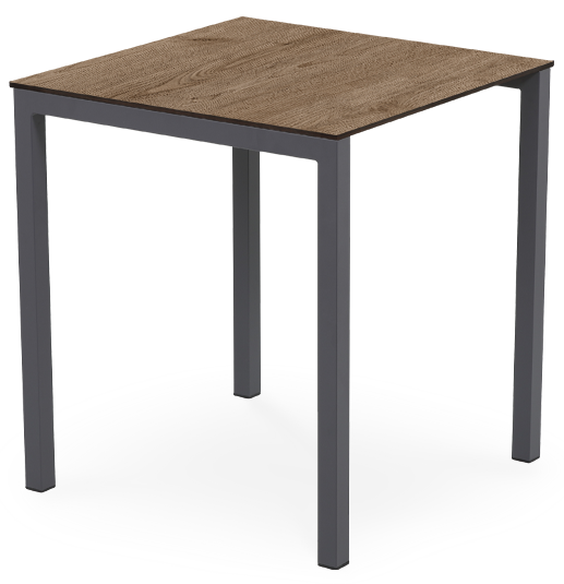 Mesa com tampo em madeira compacto, pernas em metal, para uso exterior e interior, proteção contra raios UV, tacos antiderrapantes, reciclável, empilhável. Fabricado em Portugal, Plásticos Joluce.