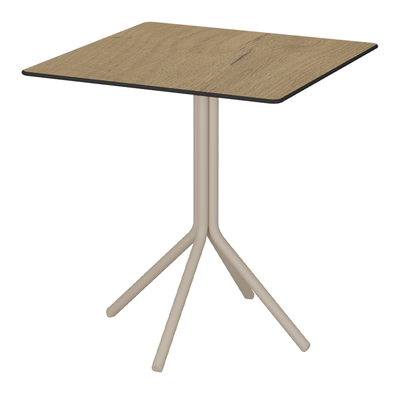 Mesa alta com tampo em madeira compacto, pernas em alumínio, para uso exterior e interior, proteção contra raios UV, tacos antiderrapantes, reciclável. Fabricado em Portugal, Plásticos Joluce.